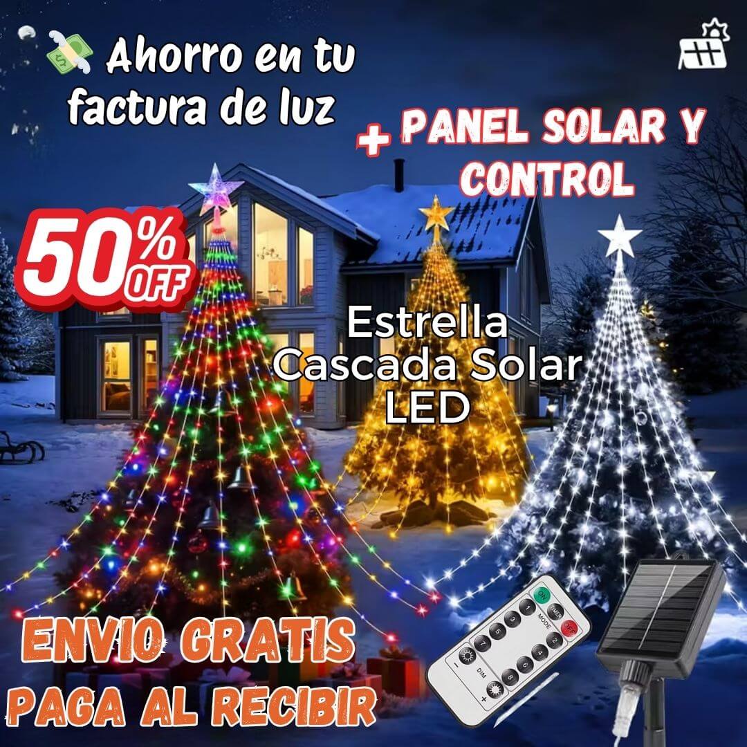 Estrella Punta de Árbol Cascada + Panel Solar