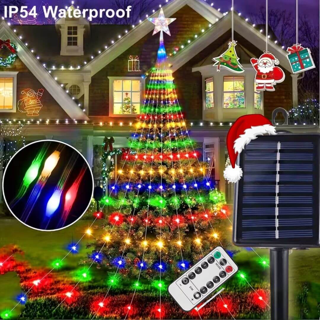 Estrella Punta de Árbol Cascada + Panel Solar