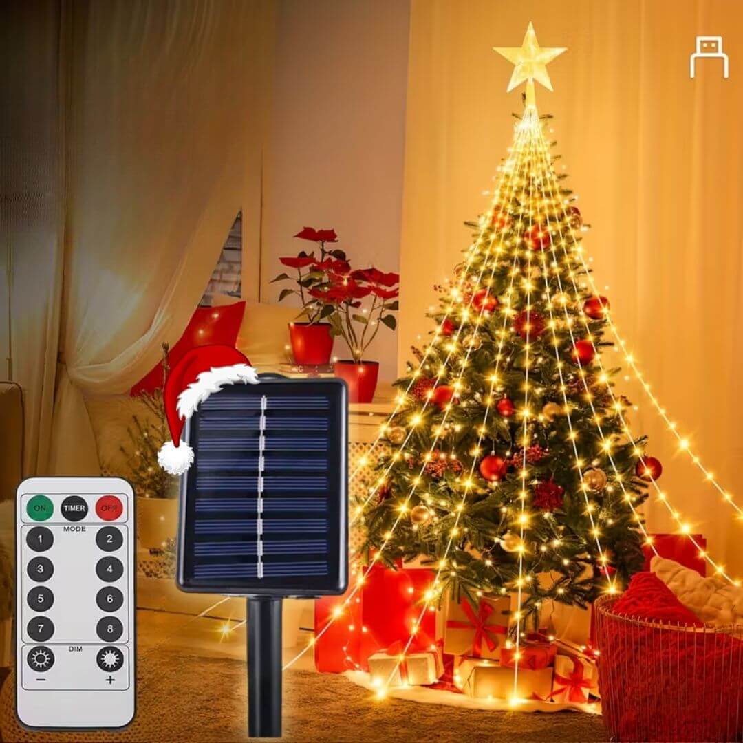 Estrella Punta de Árbol Cascada + Panel Solar