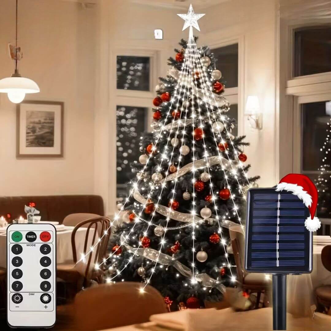 Estrella Punta de Árbol Cascada + Panel Solar