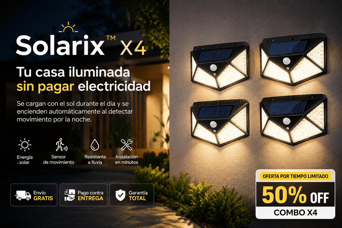🔥 Combo X4 Lámparas Solares de 100 LED con Sensor de Movimiento